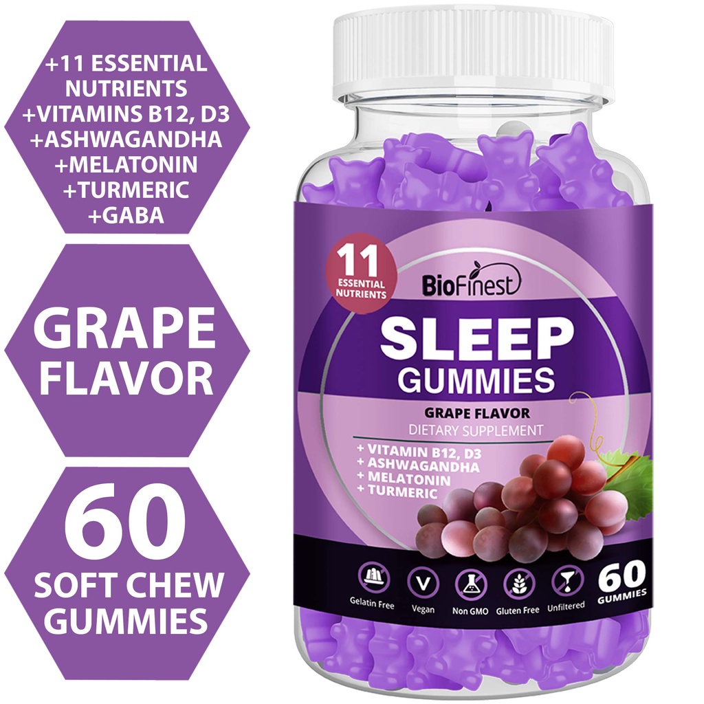 Biofinest Sleep Gummy Supplement - Melatonin Ashwagandha Turmeric Vitamin - Mind Rest Deep Sleep Men Women (60 Gummies)