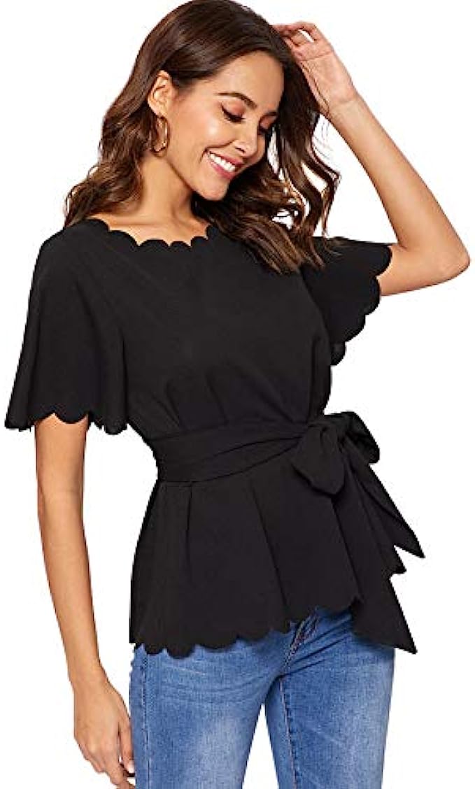 Romwe Women's Bow Self Tie Scalloped Cut Out Short Sleeve Elegant Office Work Tunic Blouse Top