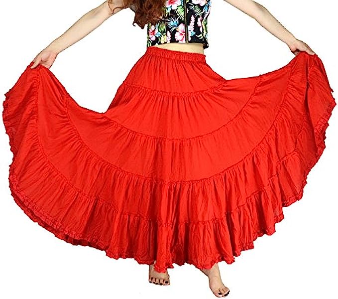 YSJERA Women's Cotton 5 Tiered A Line Pleated Maxi Skirt Long Boho Gypsy Dance Skirts