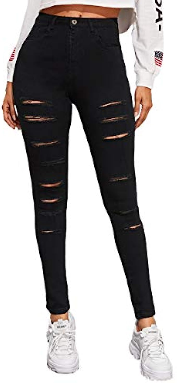 SweatyRocks Women's Hight Waisted Stretch Ripped Skinny Jeans Distressed Denim Pants