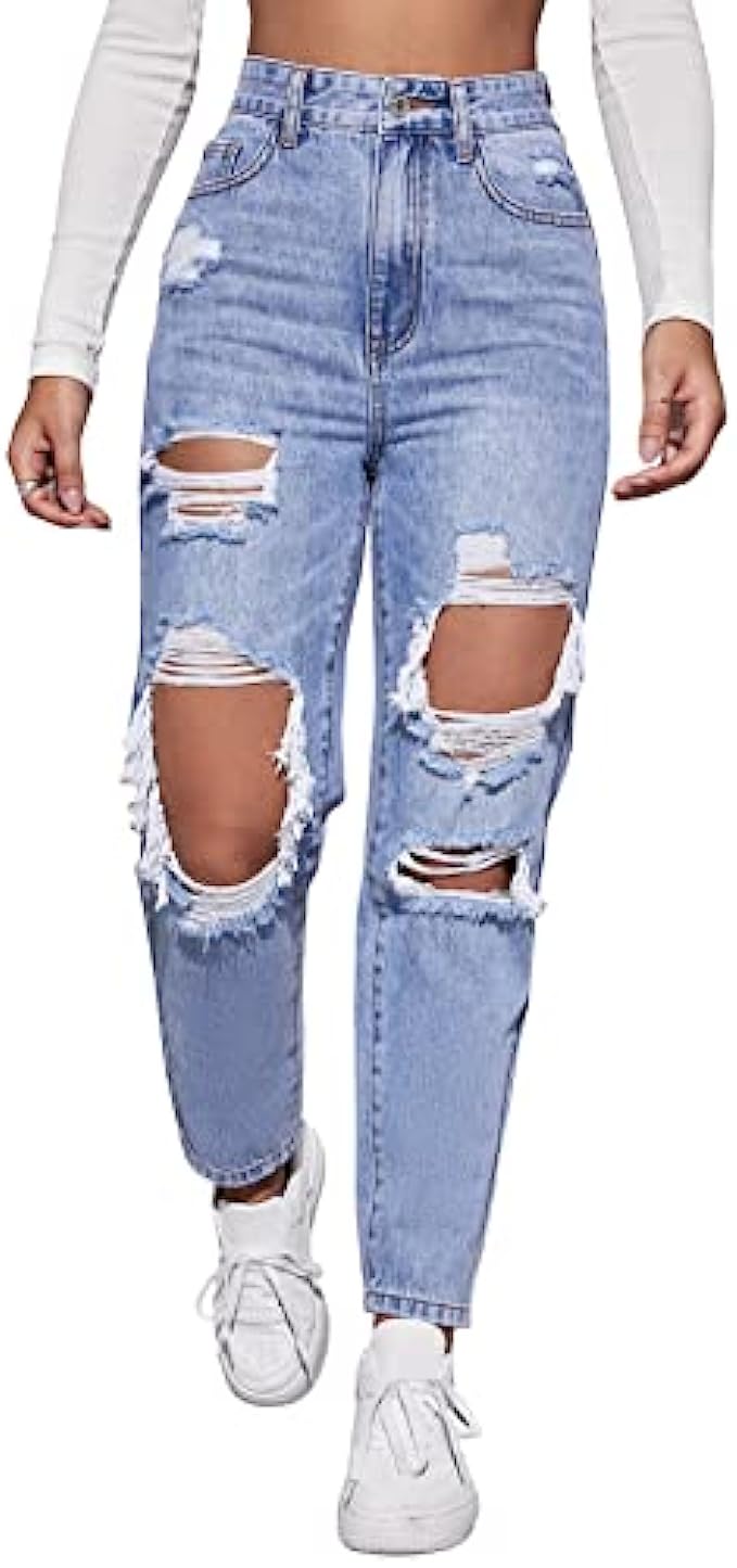 MakeMeChic Women's High Waist Straight Leg Ripped Jeans Distressed Denim Pants