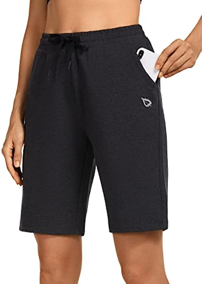 BALEAF Women's Bermuda Cotton Long Shorts with Pockets Knee Length Athletic Jersey Walking Lounge Shorts 2.0