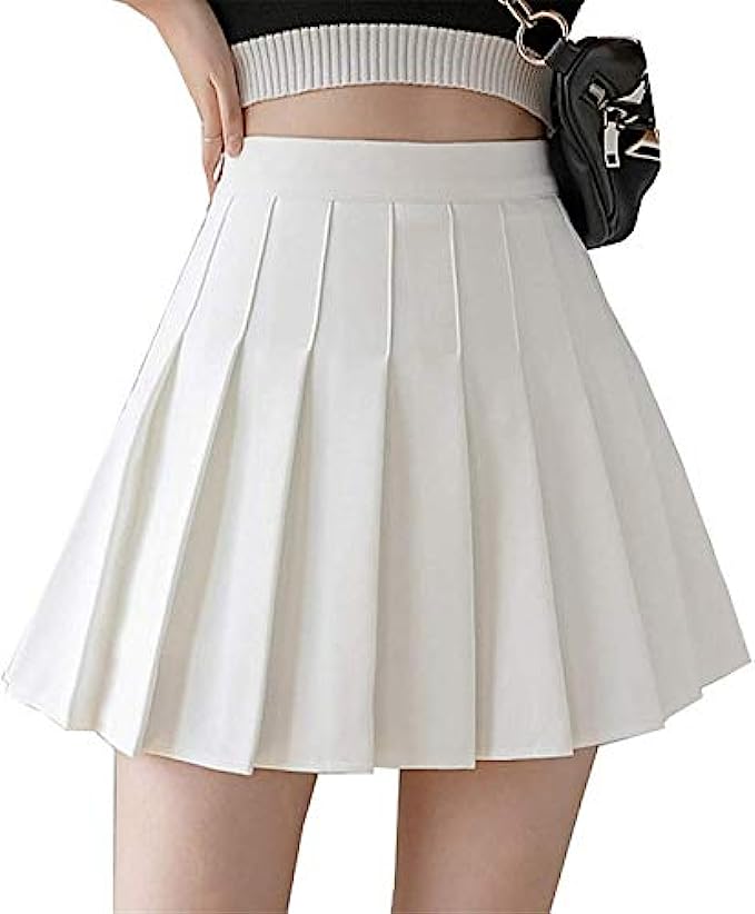 Girls Women High Waisted Plain Pleated Skirt Skater Tennis School Uniforms A-line Mini Skirt Lining Shorts