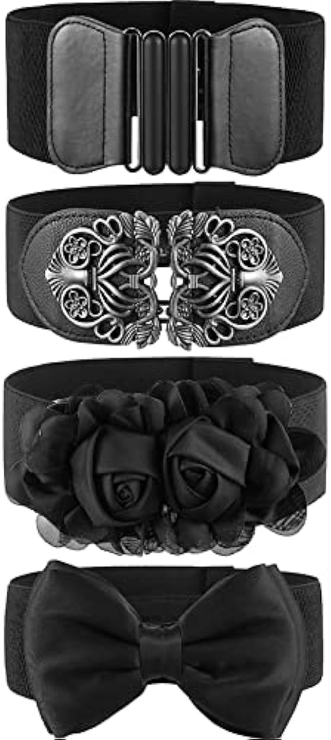 4 Pieces Women Vintage Waist Belt Elastic Stretch Retro Cinch Belt Waistband for Jeans Pants Dresses