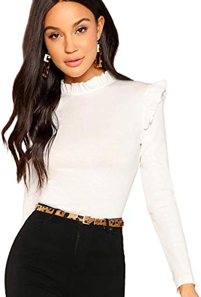 Romwe Women's Stand Collar Slim Fit Frilled Ruffles Shoulder Solid Keyhole Blouse Top