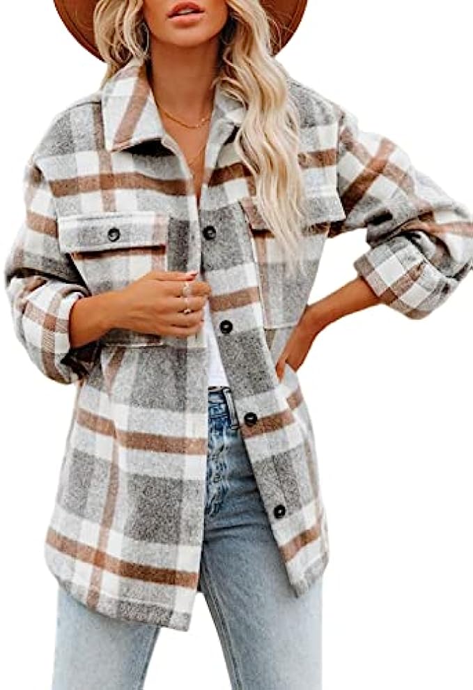Beaully Women's Flannel Plaid Jacket Long Sleeve Button Down Chest Pocketed Shirts Coats Shacket