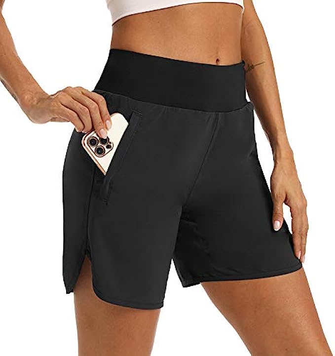M MAROAUT Womens 4 Inches Running Shorts with Zipper Pockets Liner Black Athletic Shorts Quick Dry Workout Gym Walking