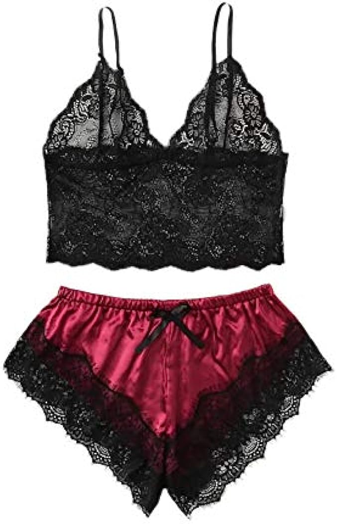 SOLY HUX Women's Plus Size Spaghetti Strap Lace Trim Bralette and Shorts Sleepwear Pajama Lingerie Set