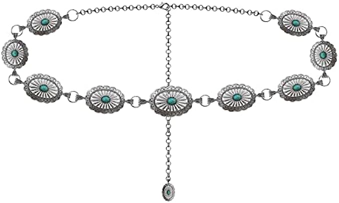 Western Belts for Women, Flower Turquoise Concho Adjustable Chain Belts, Western Jewelry Bling Rhinestone Belt with Buckle for Women Dresses Jeans Pants