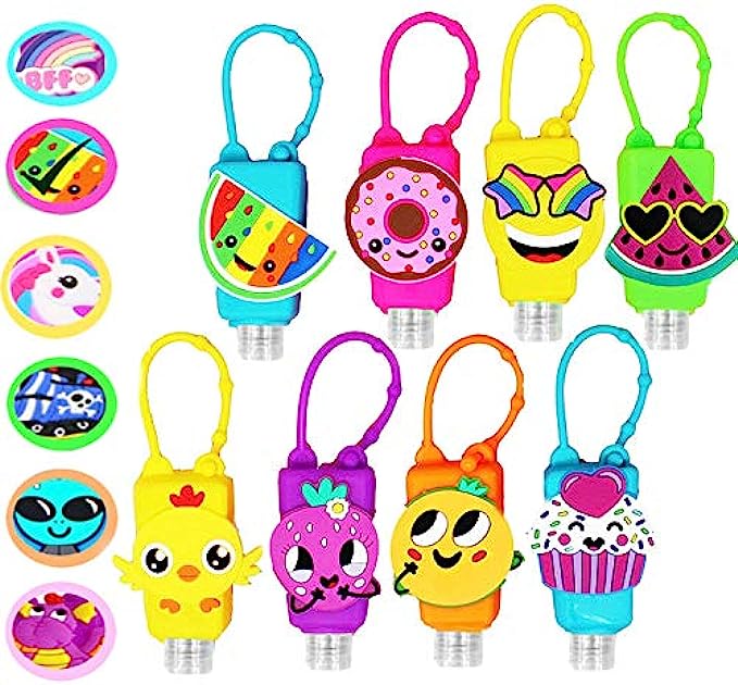 KINIA 8 Pack Empty Mixed Kids Hand Sanitizer Travel Size Holder Keychain Carrier, 8 -1 fl Oz. Flip Cap Reusable Empty Portable Bottles ( 8-Variety Pack MIXED)