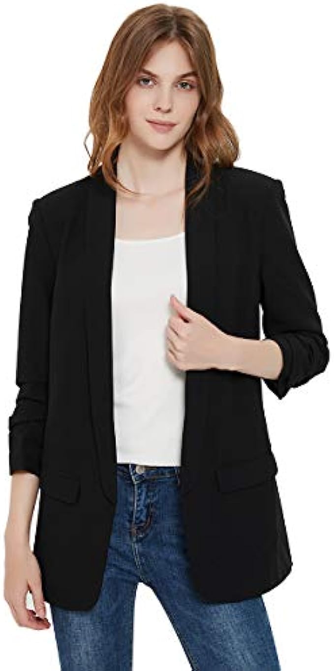 Charis Allure Womens 3/4 Ruched Sleeve Blazer Jacket Lightweight Work Office Open Front Solid Coat, Black