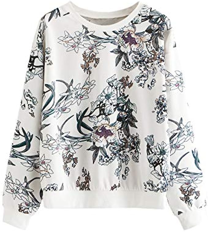 Romwe Women's Casual Floral Print Long Sleeve Lightweight Sweatshirt Pullover