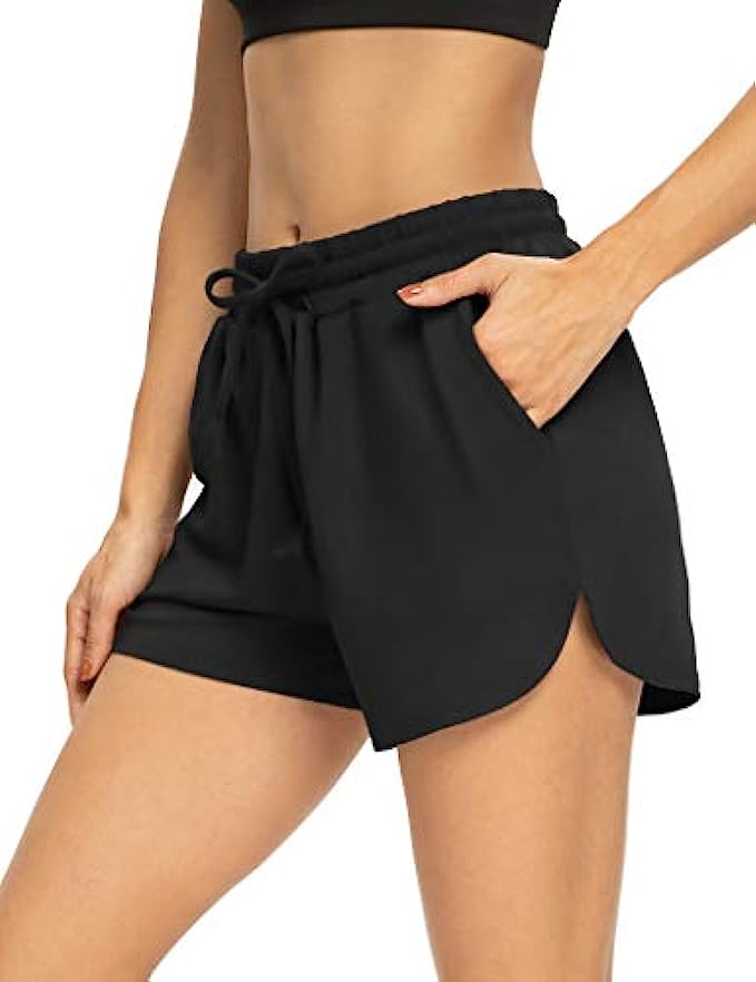 THANTH Womens 3" Yoga Shorts Elastic Waist Comfy Lounge Pajamas Workout Running Terry Jersey Shorts with Pockets