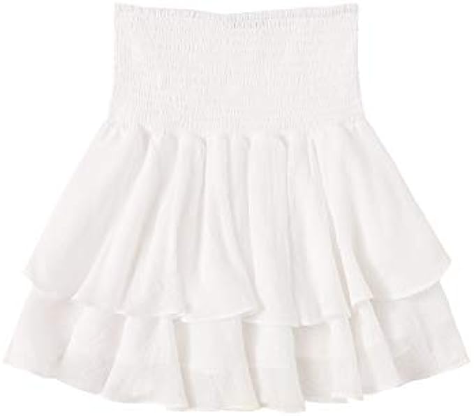 SheIn Women's Solid Shirred High Waist Layered Ruffle Hem Flared Mini Skirt