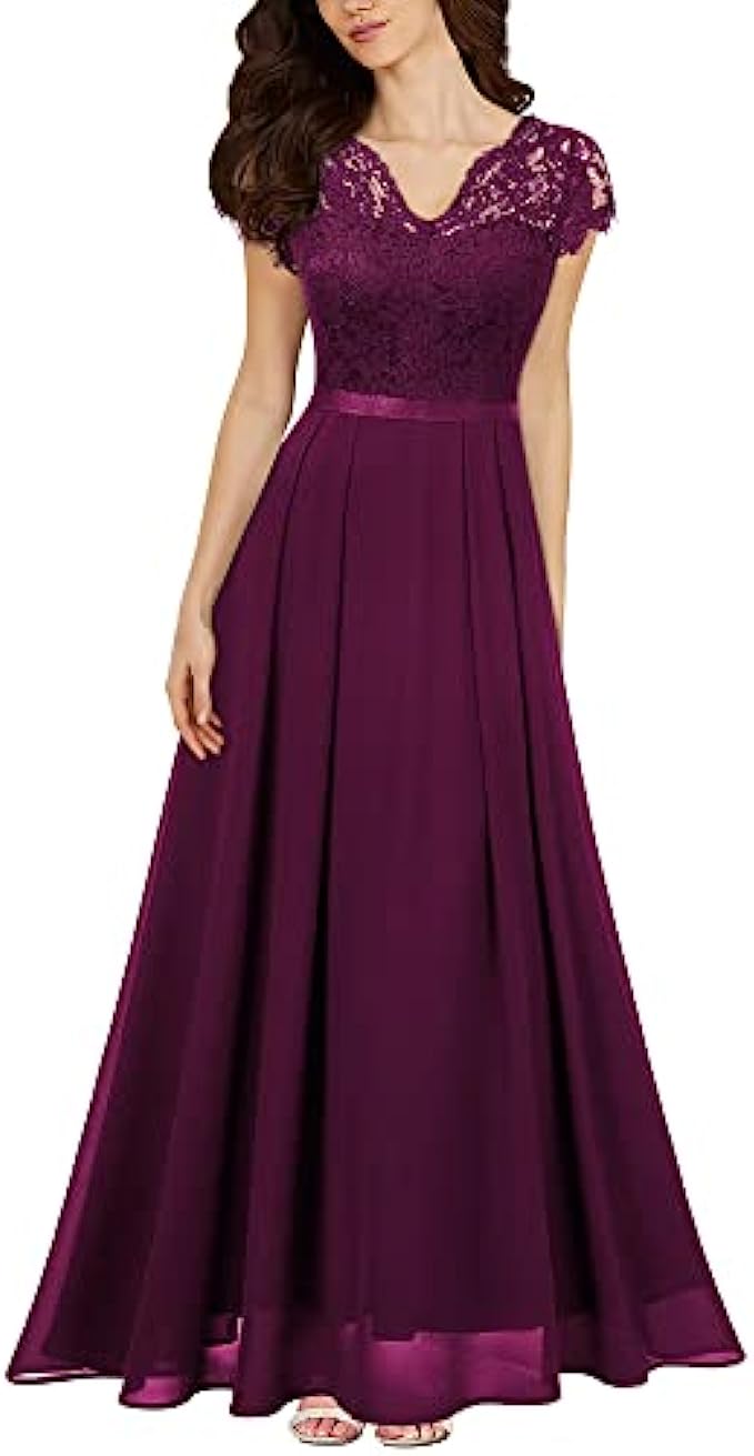 Miusol Women's Formal V Neck Elegant Floral Lace Bridesmaid Maxi Dress