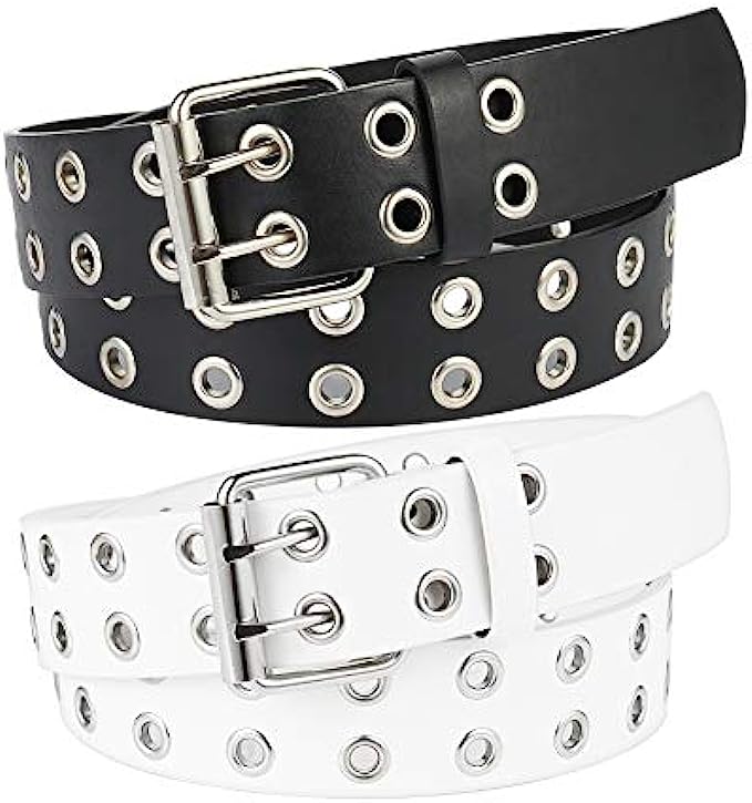 BKpearl 2 Pack Double Grommet Belt, PU Leather Punk Belt 2 Hole Grommet Jeans Belt for Women Men, Multi, Medium