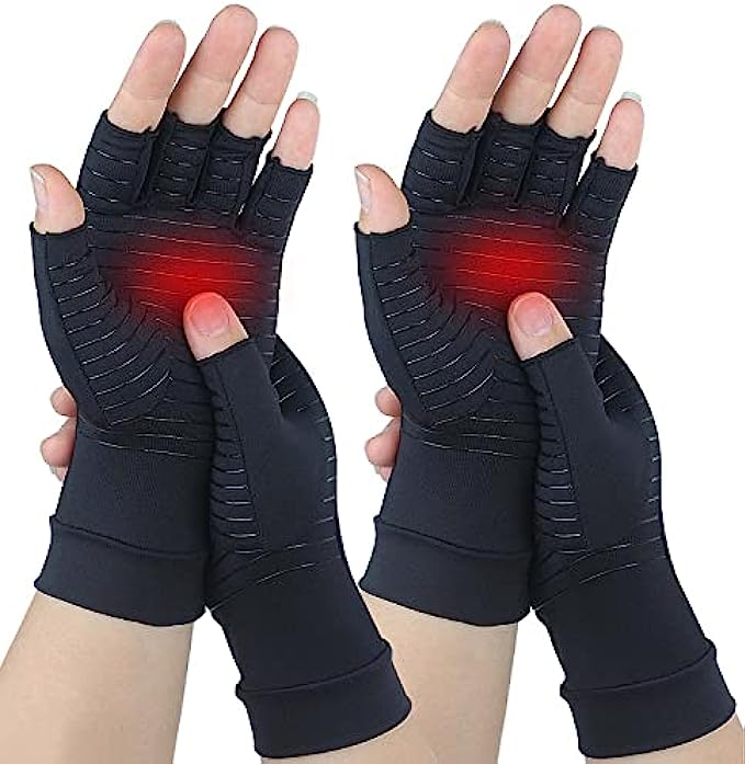 2Pairs Copper Arthritis Compreesion Gloves for Women and Men, Fingerless Carpal Tunnel Gloves for Hand Pain, driving, typing