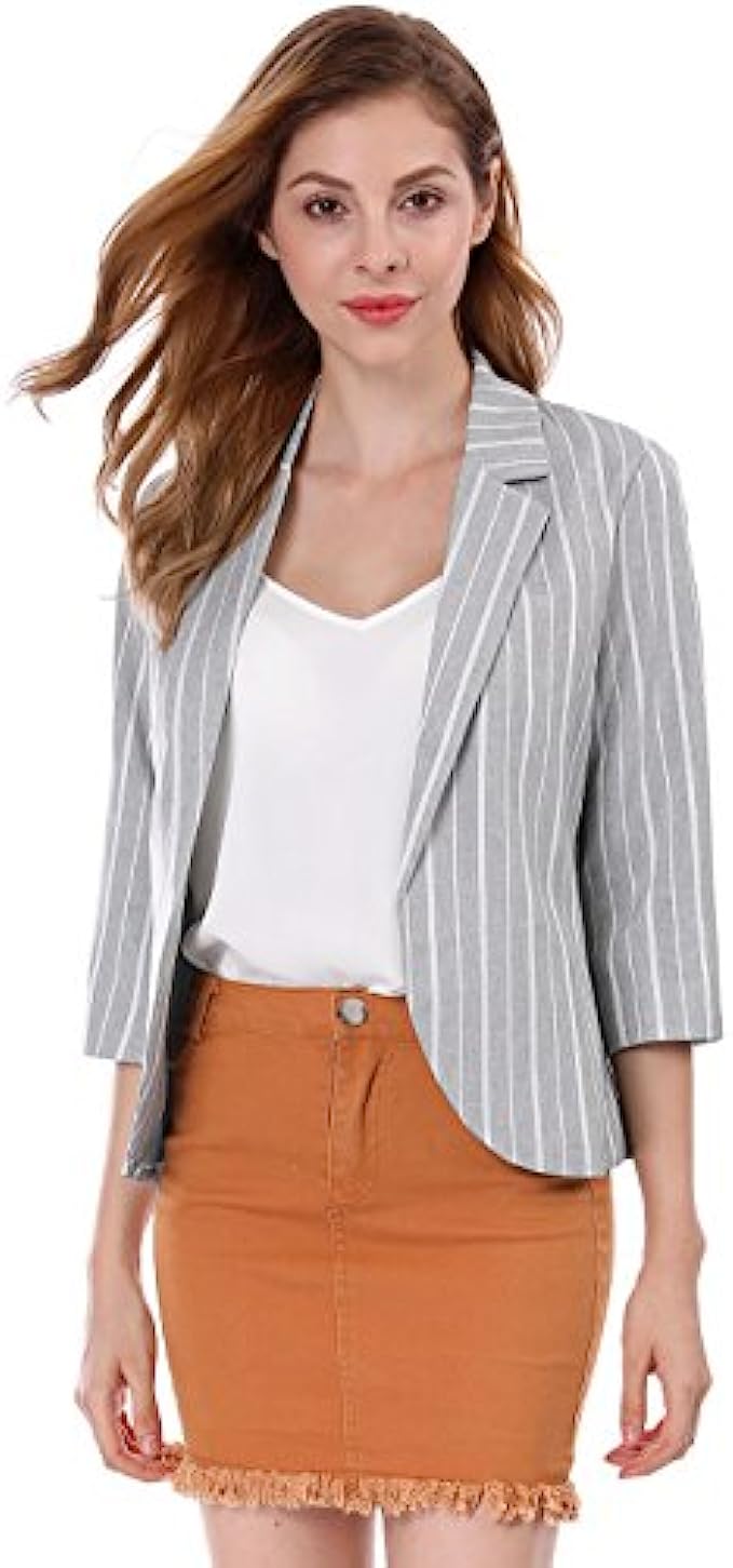 Allegra K Women's Striped 3/4 Sleeves Open Front Notched Lapel Blazer