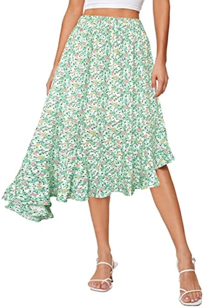 Afibi Women's Boho Floral High Waisted High Low Asymmetric Hem Midi Long Skirt