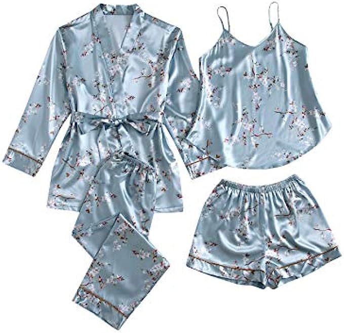 SheIn Women's 4 Piece Floral Cami Top and Shorts Pants Satin Pajama Set with Belted Robe