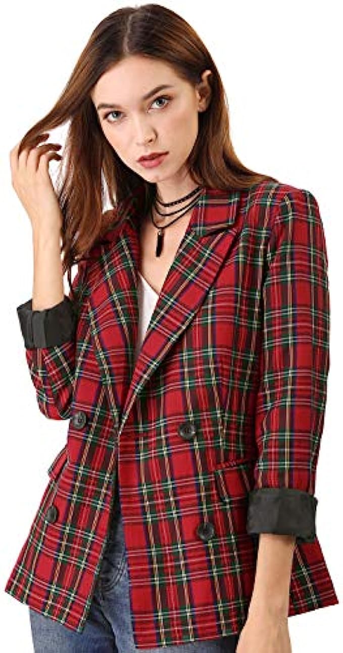 Allegra K Women's Notched Lapel Double Breasted Plaid Work Formal Blazer Jacket