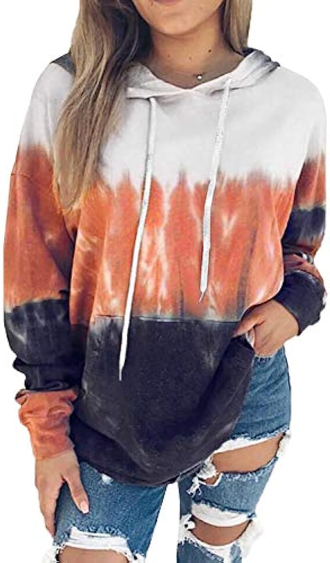Eytino Women Hoodies Tops Tie Dye Printed Long Sleeve Drawstring Pullover Sweatshirts with Pocket(S-XXL)