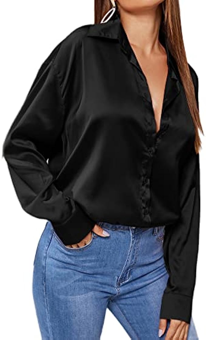 MakeMeChic Women's Satin Silk Long Sleeve Blouse Button Down Shirt Casual Top