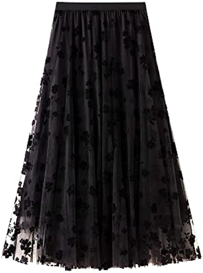 BABAMOON Women Chiffon Tulle Elastic Floral Print Mesh Overlay Layered A Line Midi Skirt