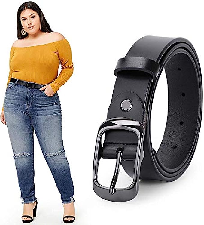 WERFORU Women Black Leather Belt Plus Size Polished Buckle for Jeans Pants
