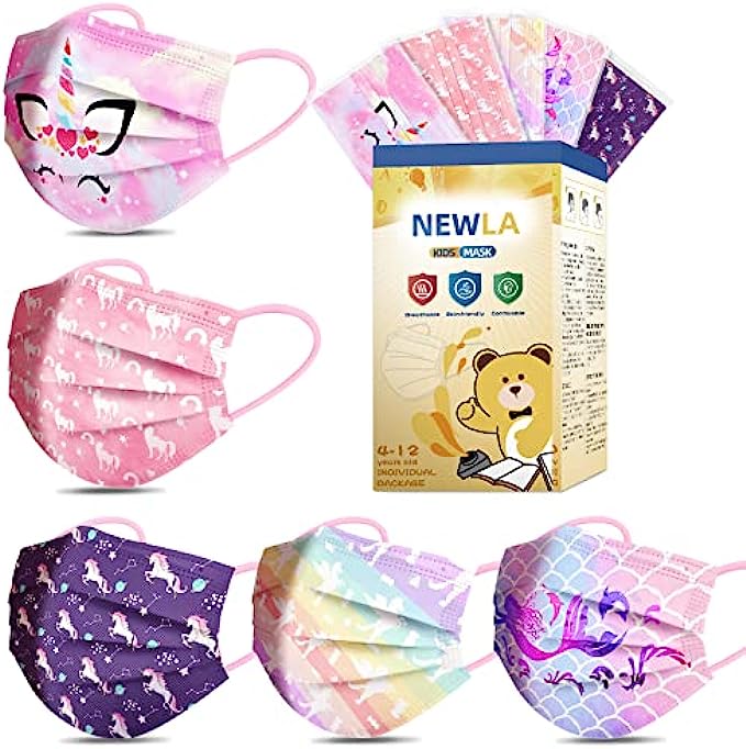 Kids Disposable Face Masks Girls - 50 Pack Kids Mask Disposable for Children Small Size Cubrebocas Para Niños Unicorn Face Mask 3 Layers Colorful Cartoon Mouth Mask for School