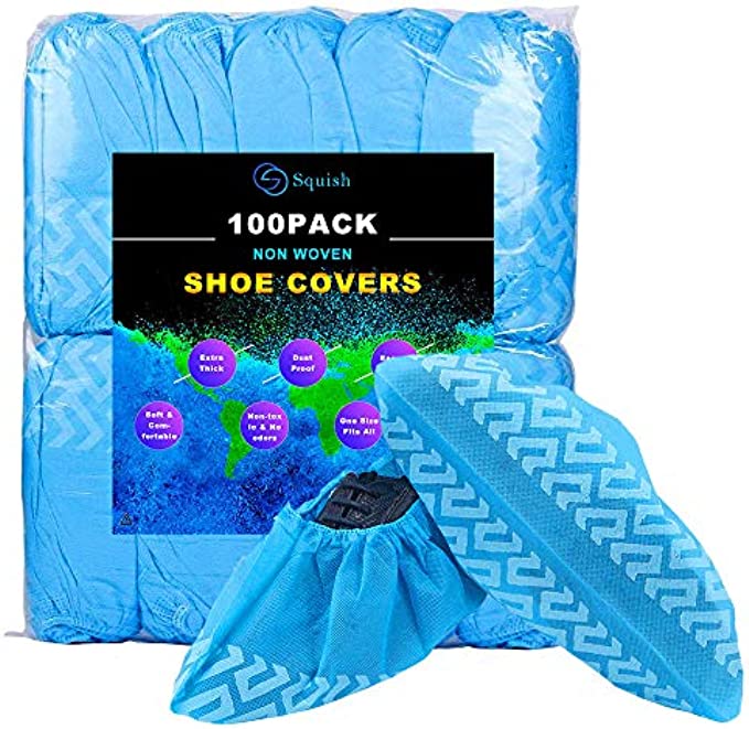 squish Shoe Covers Disposable Non Slip, 100 Pack (50 Pairs) Non Woven Fabric Boot Covers for Indoors Breathable Slip Resistant Durable Boot&amp;Shoes Cover, One Size Fits All Blue