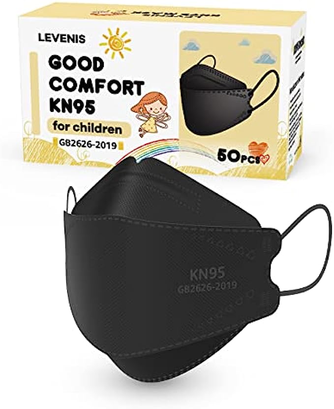 LEVENIS Kids KN95 Face Masks for Children 50 Pack, Breathable Comfortable and Disposable KN95 Mask, Black