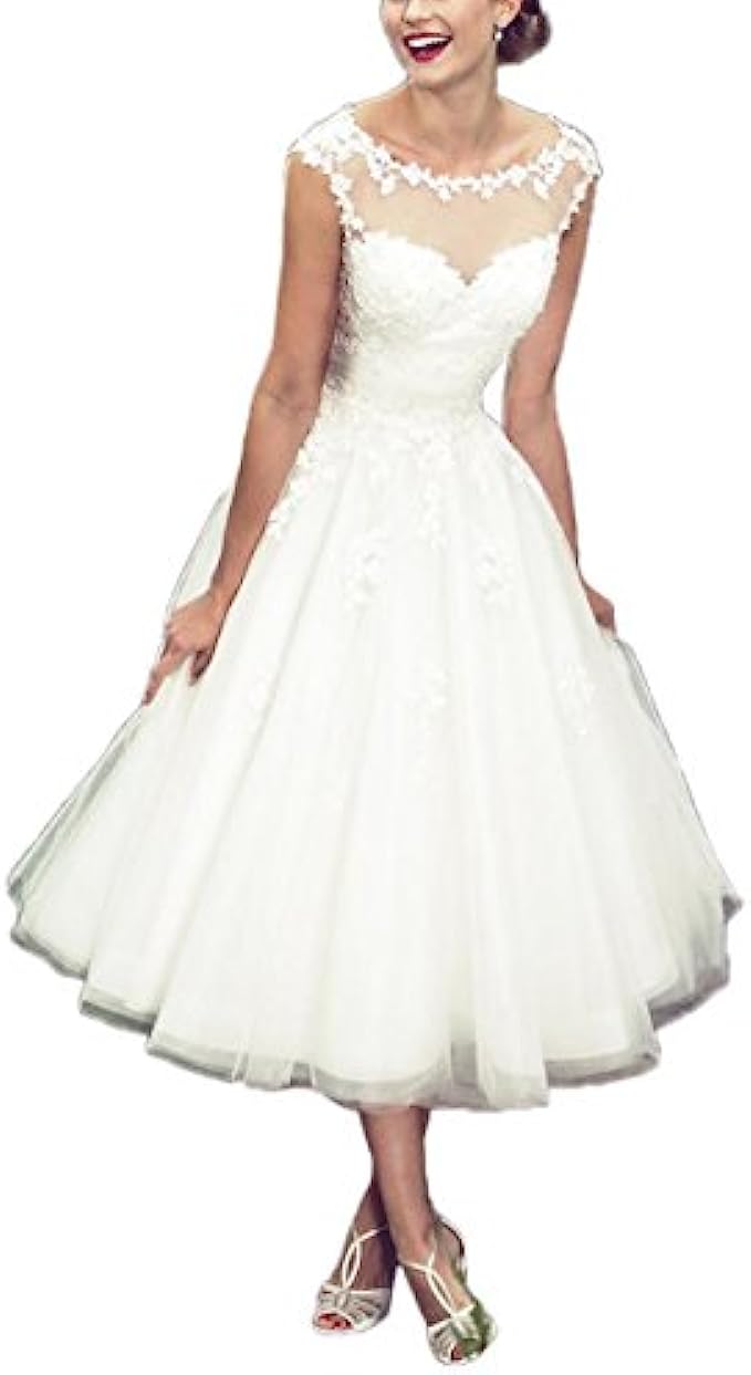 Women's Elegant Sheer Vintage Short Lace Wedding Dress for Bride