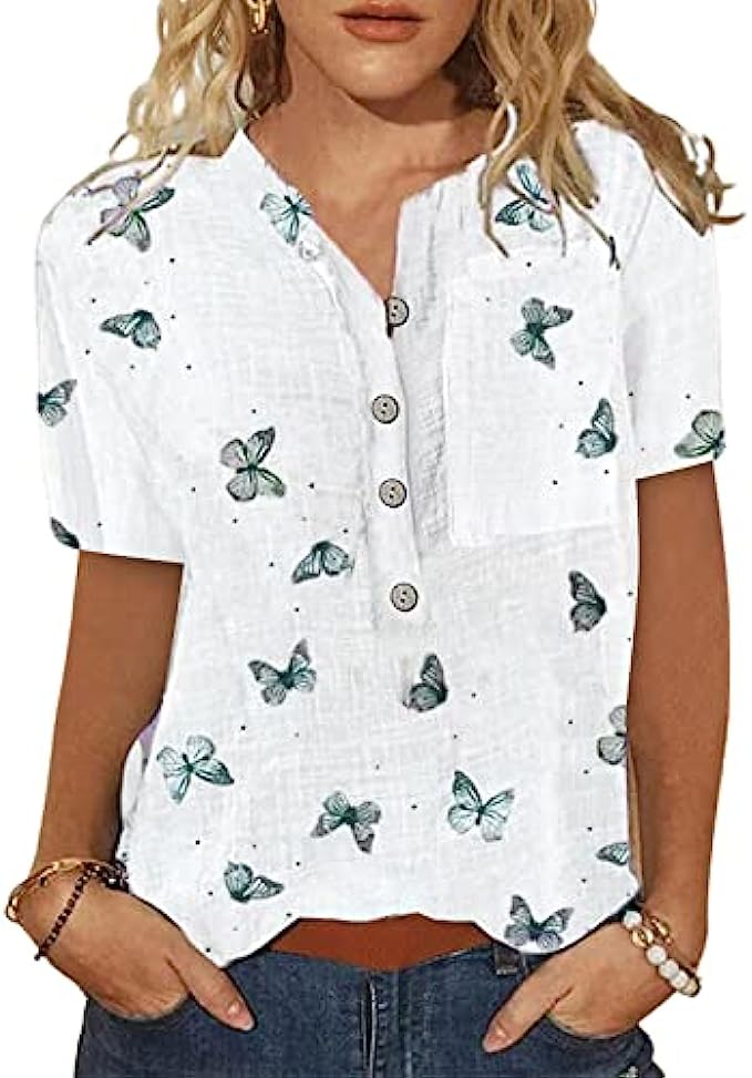 Ladies Summer Tops-Ladies Tops and Blouses-Short Sleeve Blouses for Womens Button Shirts-Womens Summer Tops