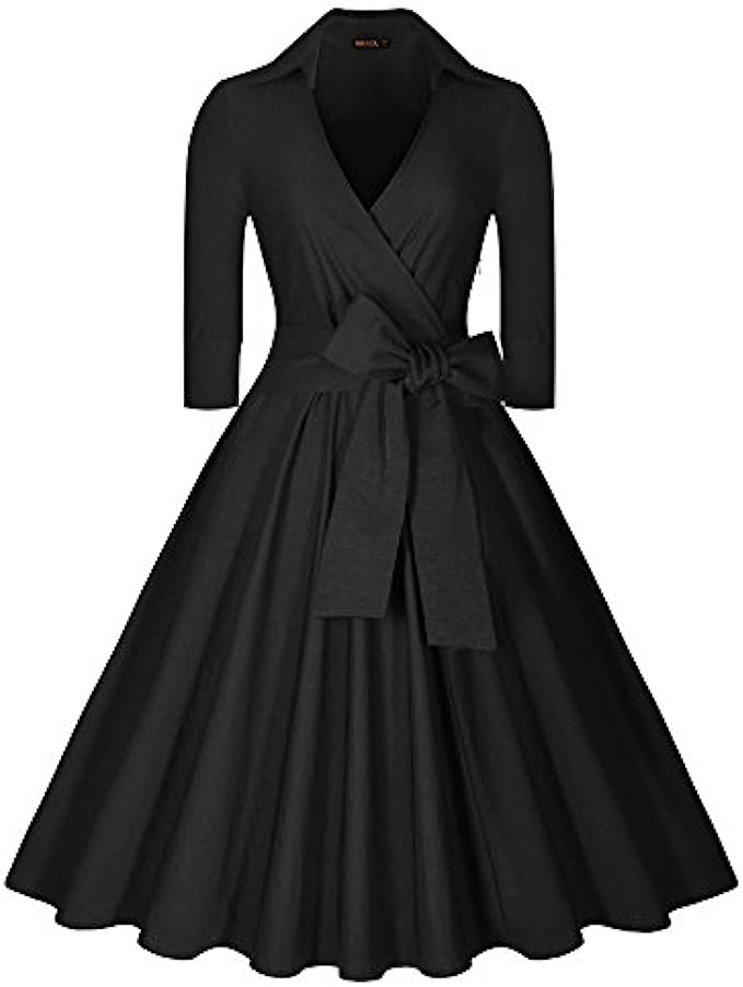 Miusol Women's Deep-V Neck Classical Bow Belt Vintage Casual Swing Dress