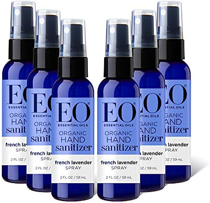 EO Organic Hand Sanitizer Spray, 2 Ounces,Travel Size, French Lavender, Plant Derived Alcohol with Pure Essential Oils, 99% Effective Against Germs (Pack of 6)