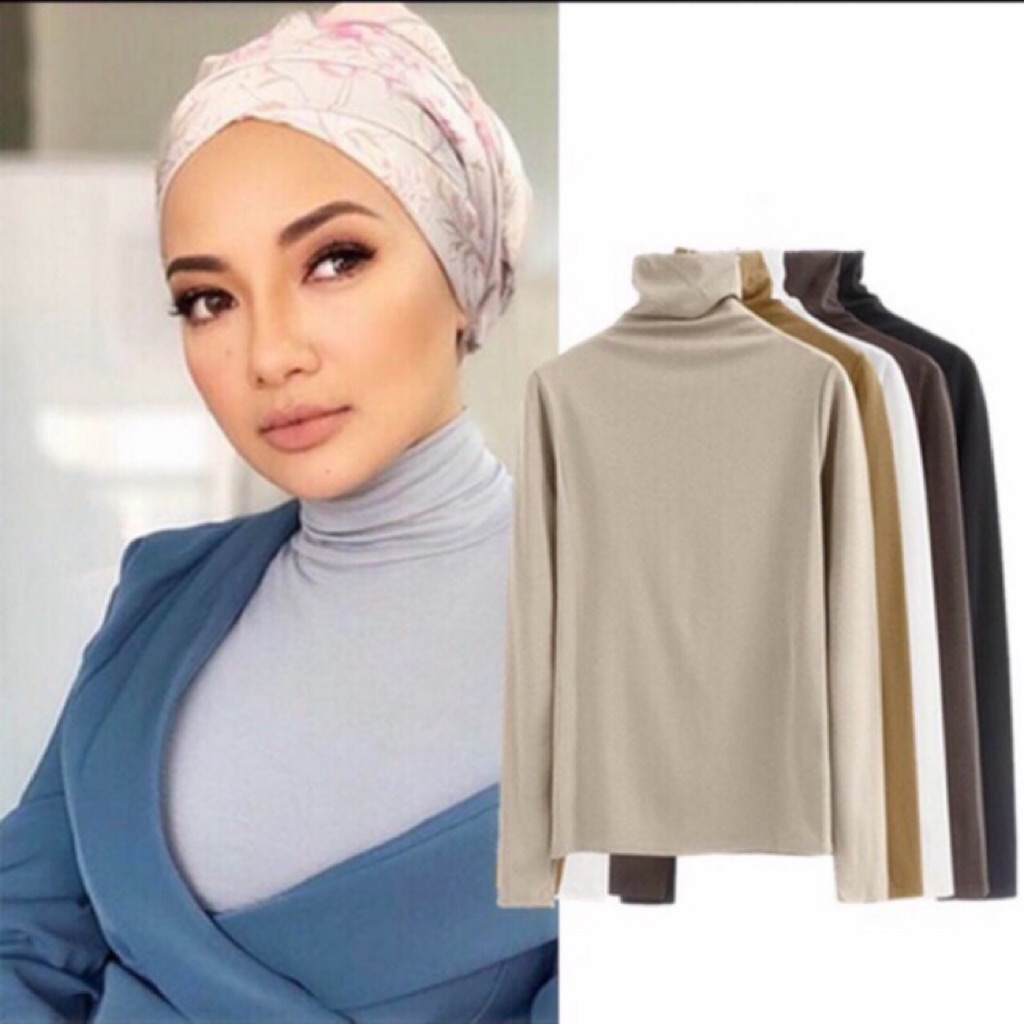 STOCK!!!Muslimah Turtleneck Inner Women Baju Blouse High Neck Long Sleeved Top Slim Office