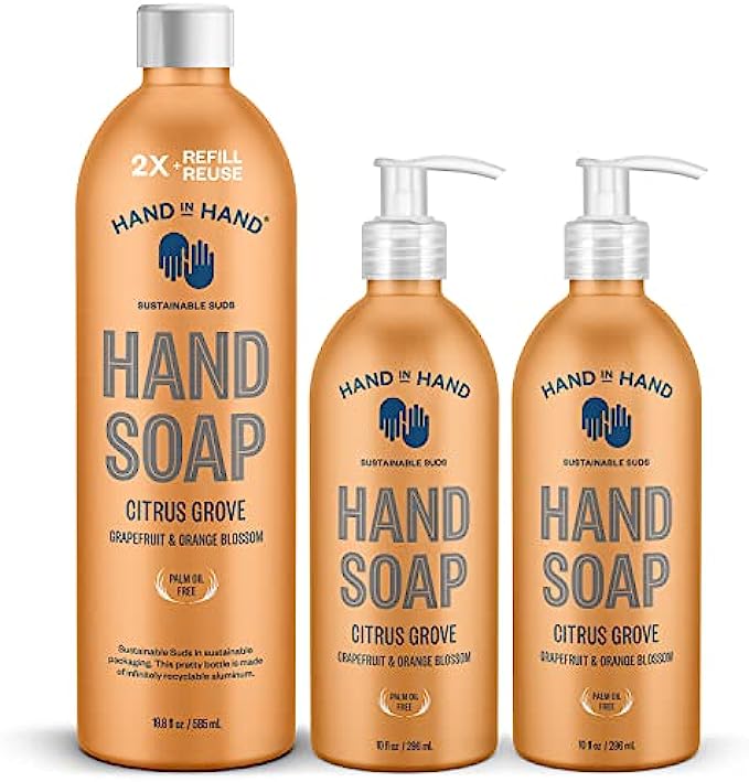 Hand in Hand Nourishing Liquid Hand Soap 19.8 Fl Oz. Refill + 10 Fl Oz. Twin Pack, Grapefruit &amp; Orange Blossom, Citrus Grove Scent