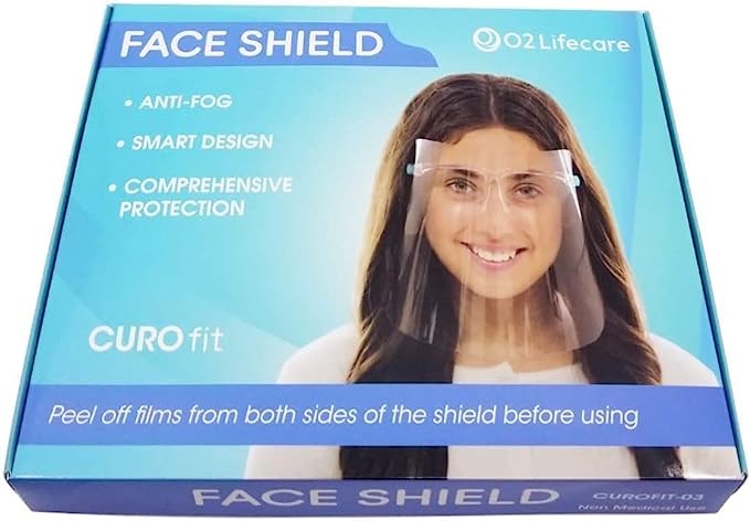 CUROfit Fully Transparent FACE and Eye Protection from Droplets and Saliva with Reusable 3 x Glasses &amp; 3 x Replaceable Shield Aniti-Fog + 1 x UV Protection Sun Visor Shield