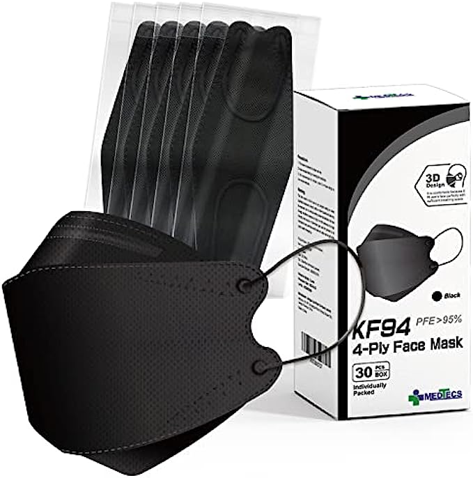 Medtecs KF94 Mask - 30 PCS - Korean Imported Filter - Individually Wrapped - 4 Ply Breathable Comfortable Safety Mask - 3D Structure for Larger Breathing Space &amp; Makeup Friendly - Black