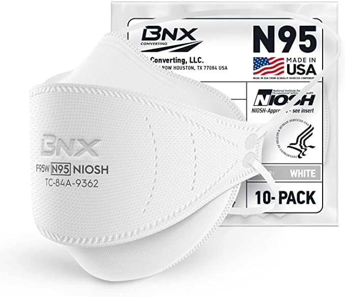 BNX N95 Mask NIOSH Certified MADE IN USA Particulate Respirator Protective Face Mask, Tri-Fold Cup/Fish Style, (10-Pack, Approval Number TC-84A-9362 / Model F95W) White