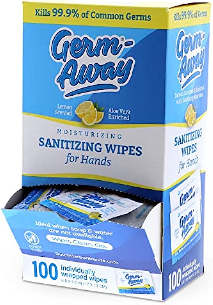 Germ-Away Large Antibacterial Hand Wipes Individually Wrapped Wipes, Travel Size Hand Sanitzer Wipes with Aloe in Dispenser Box, 100 ct Lemon Scent