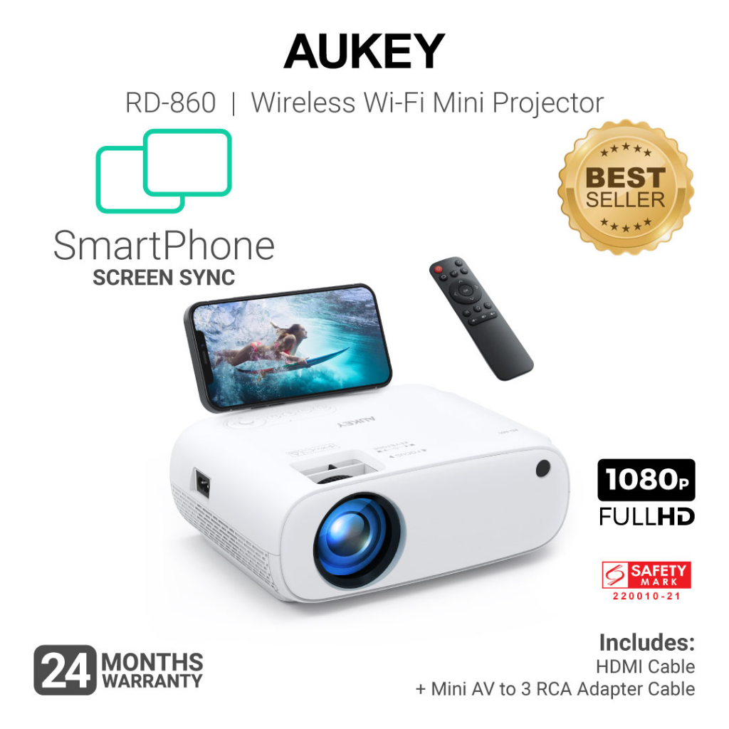 Aukey RD-860 Wi-Fi Mini Projector with 1080p Resolution Smartphone Screen Sync (24 months warranty)