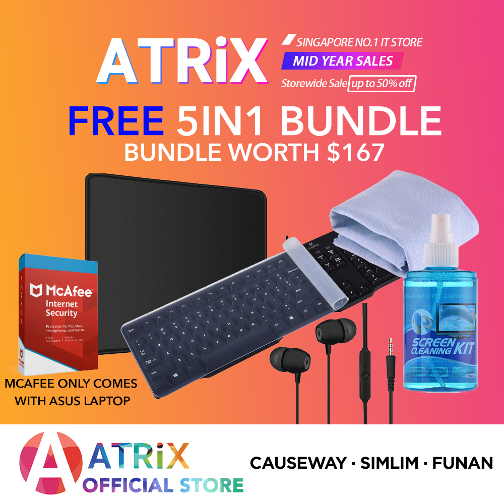 5IN1 Bundle | Stereo Earphones, Keyboard Cover, MousePad, Cleaning Kit, McAfee AV(Only ASUS)