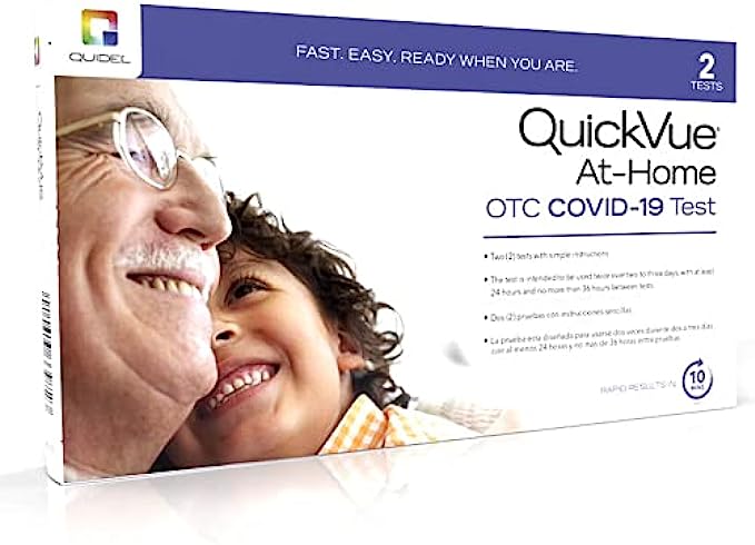 Quidel QuickVue at-Home OTC COVID-19 Test Kit, Self-Collected Nasal Swab Sample, 10 Minute Rapid Results - Single Kit (Includes 2 Tests, Intended for a Single User)