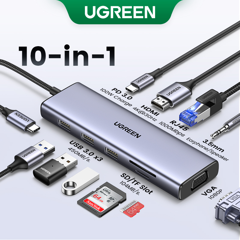 UGREEN 10 IN 1 Hub USB C Hub HDMI VGA Adapter 4k 30Hz USB C to USB 3.0 100W Fast Charging Dock For Macbook Pro Support SD TF Card and 1000Mbps RJ45 Port