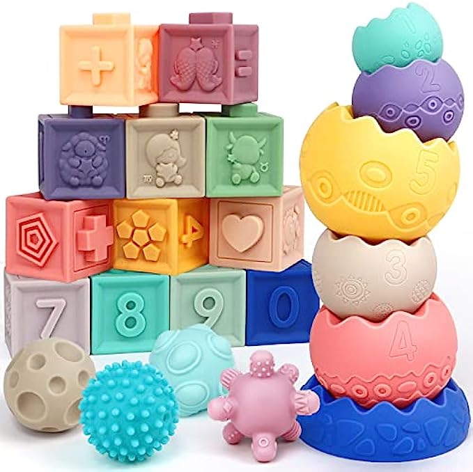 Montessori Toys for Babies 6-12 Months, 22PCS Sensory Soft Baby Toys Include 12 Baby Blocks with Number, 6 Stacking Toys, 4 Sensory Balls, Infant Teething Toys for Toddlers, Easter Baby Toys Gifts
