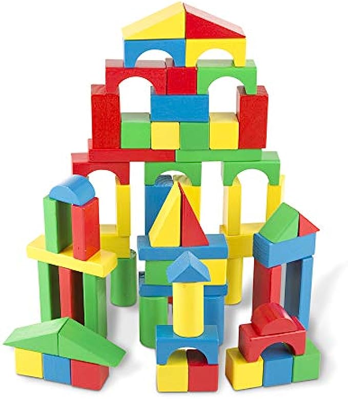Melissa &amp; Doug Wooden Building Blocks Set - 100 Blocks in 4 Colors and 9 Shapes