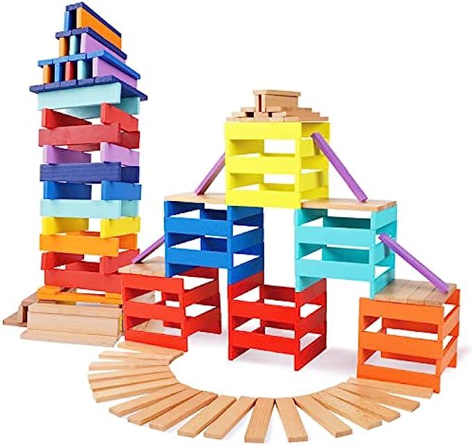 Wooden Building Blocks Set Rainbow Wooden Planks STEM Toy Imagination Construction Toy Creative Stacking Blocks Preschool Education Toy for 3 Year Old Kids Boys and Girls,Natural,100 Pieces