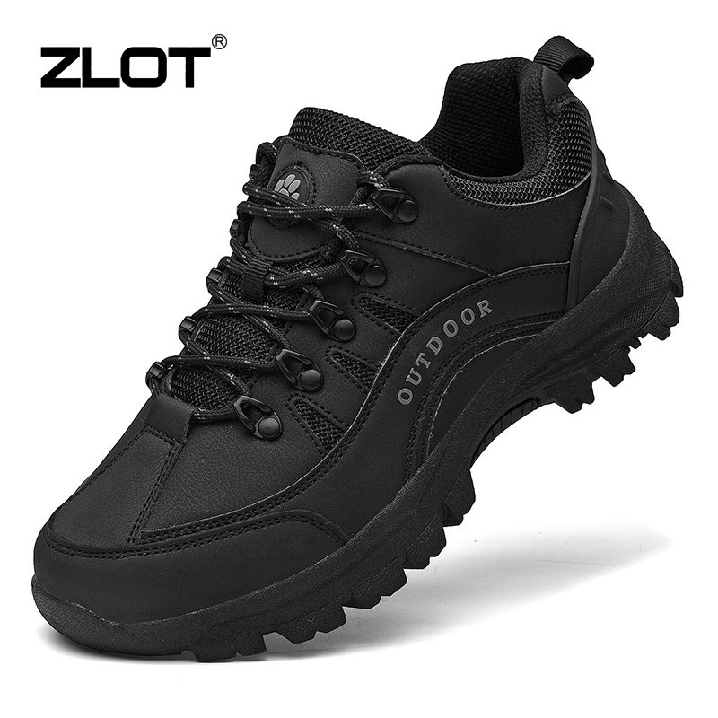 【ZLOT】 Plus Size 38-49 Outdoor Hiking Shoes Brand Waterproof Leather Sports Shoes Anti Slip Black Rubber Shoes For Men